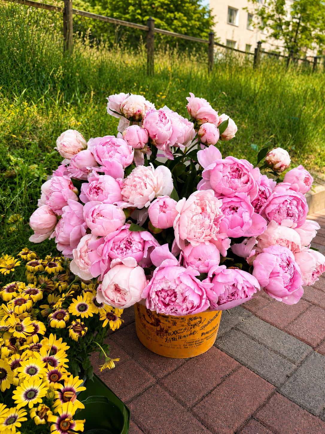 Różowe piwonie w żółtym wiadrze ogrodowym